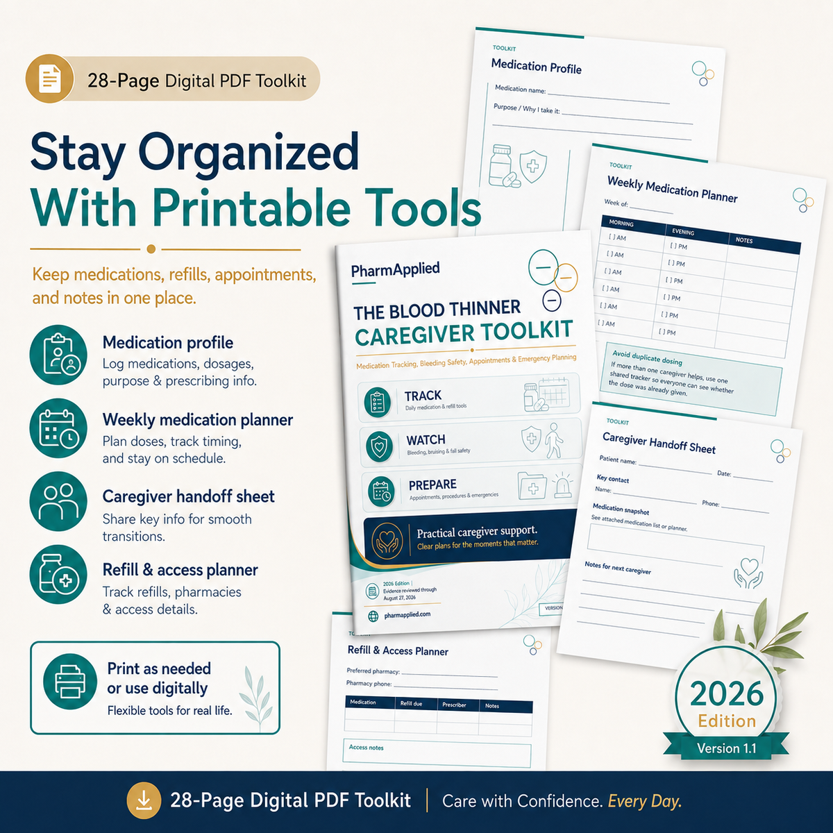 Printable caregiver tools for blood thinner management including medication planning, refill tracking, and caregiver handoff worksheets