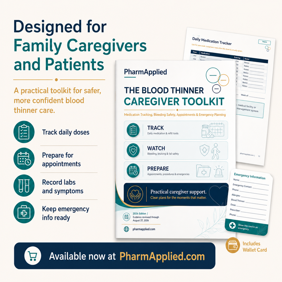 Blood thinner caregiver toolkit for family caregivers and patients with medication tracking and emergency planning tools
