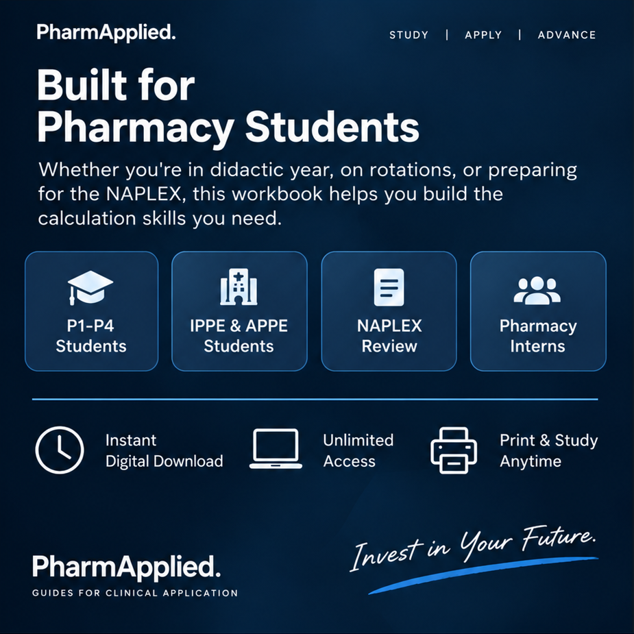 Pharmacy calculations workbook for PharmD students, IPPE and APPE students, NAPLEX review, and pharmacy interns