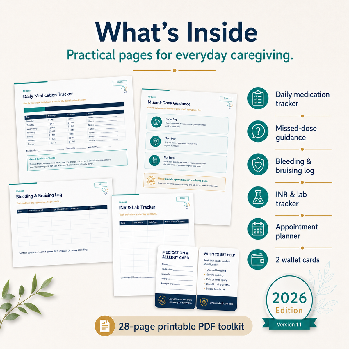 Preview of blood thinner caregiver toolkit pages including medication tracker, missed-dose guidance, bleeding log, INR tracker, and wallet cards